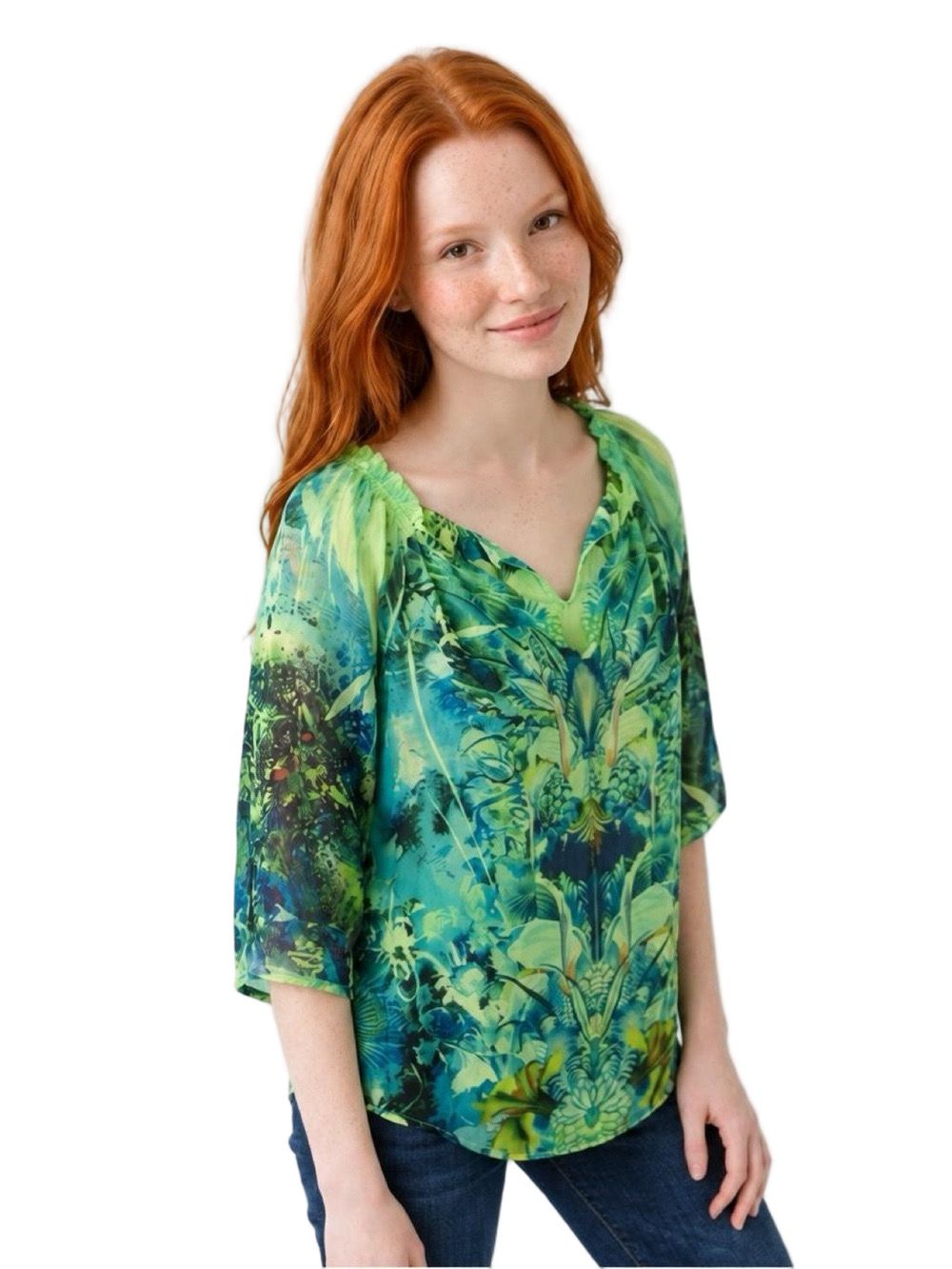 𝅺ENERGE World Wear Print Top 3/4 Sleeve Lined Green Multicolor Women Size S